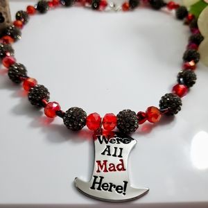 Alice in Wonderland- We're All Mad Here Handmade Necklace Red and Black - Hearts